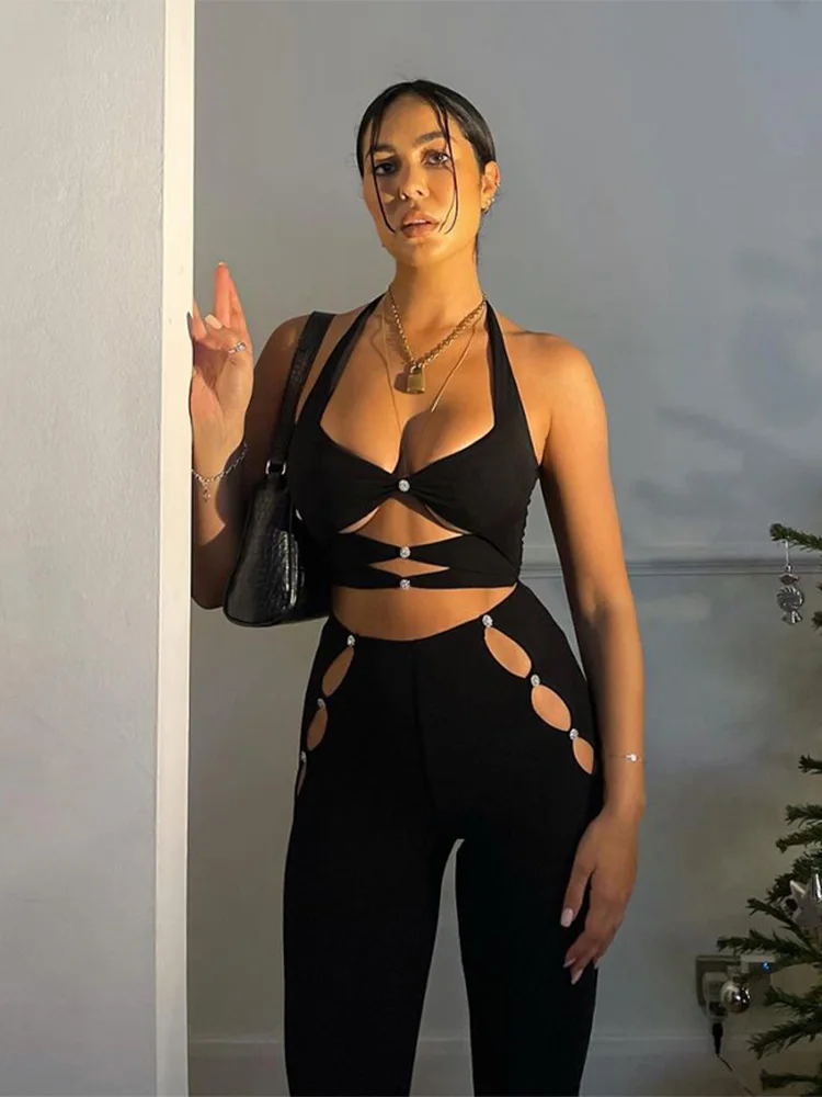 

Women Hollow Out Black Crop Tank Tops High Waist Long Pants Two Piece Set Suit Outfit 2022 Summer Clothes Wholesale