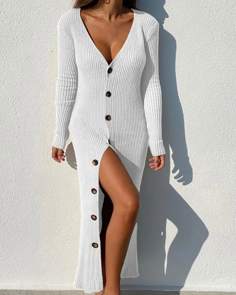 

Knitted Slim Fitting Women's Long Sleeve V-neck White Dress Button Cardigan Autumn Winter Woman Dress Party Sexy Dress