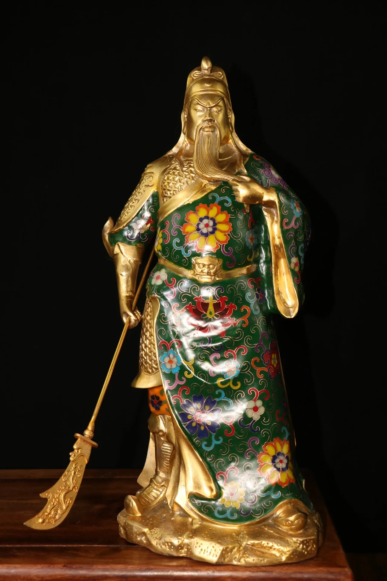 

19"Tibet Temple Collection Old Bronze Cloisonne Enamel Guan Yu Guan Yunchang God of Wealth Flower texture sabre Worship Hall