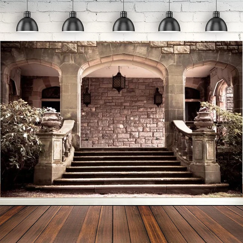 

Photography Backdrop Retro Stone Brick Wall House Lanterns Plant Steps Background Poster Photophone Photo Studio Decor Banner