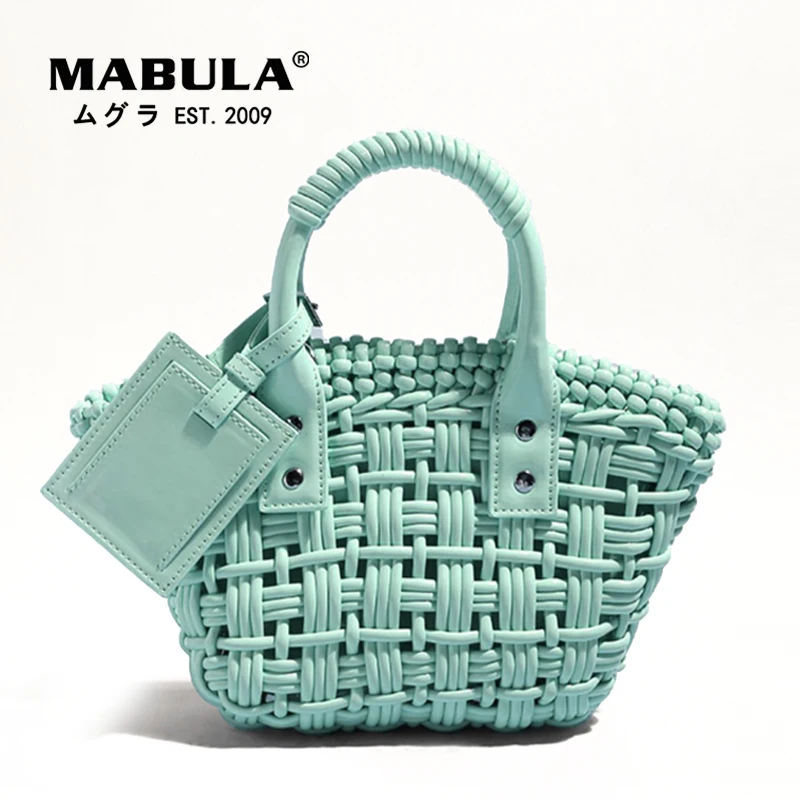 MABULA Leather Woven Tote Handbag for Women Handmade Pink Luxury Ladies Evening Clutch Purse Fashion Crossbody Bag for Party