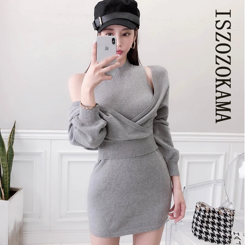 

CINESSD Elastic Two Piece Suit Knitting Sweater Dresses For Women Winter irregular Long Sleeve Stand Neck Boducon Vestidos