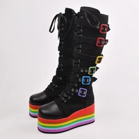 womens cosplay tall boots wedge heel platform cavalier boots punk gothic fashion rainbow sole high heels knee high women boots