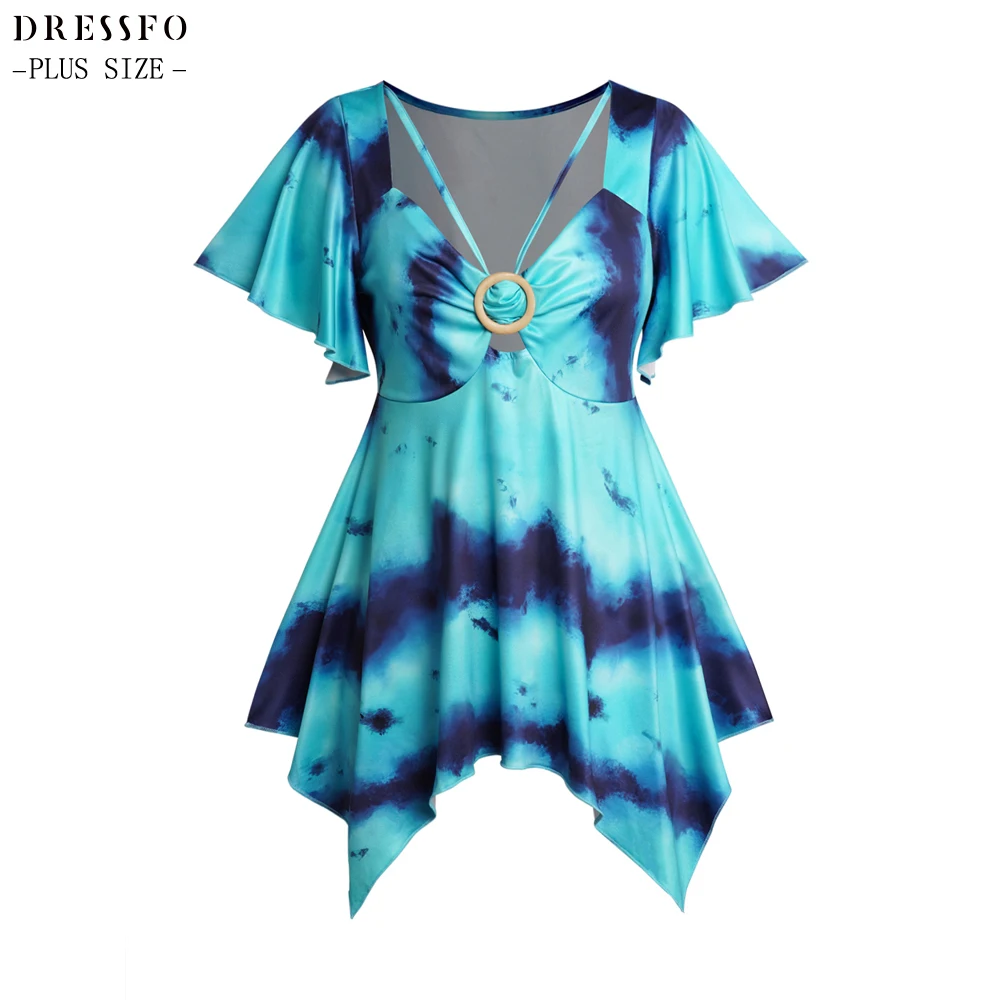 

Женская футболка с цветочным принтом и круглым кольцом, размеры до 5XL