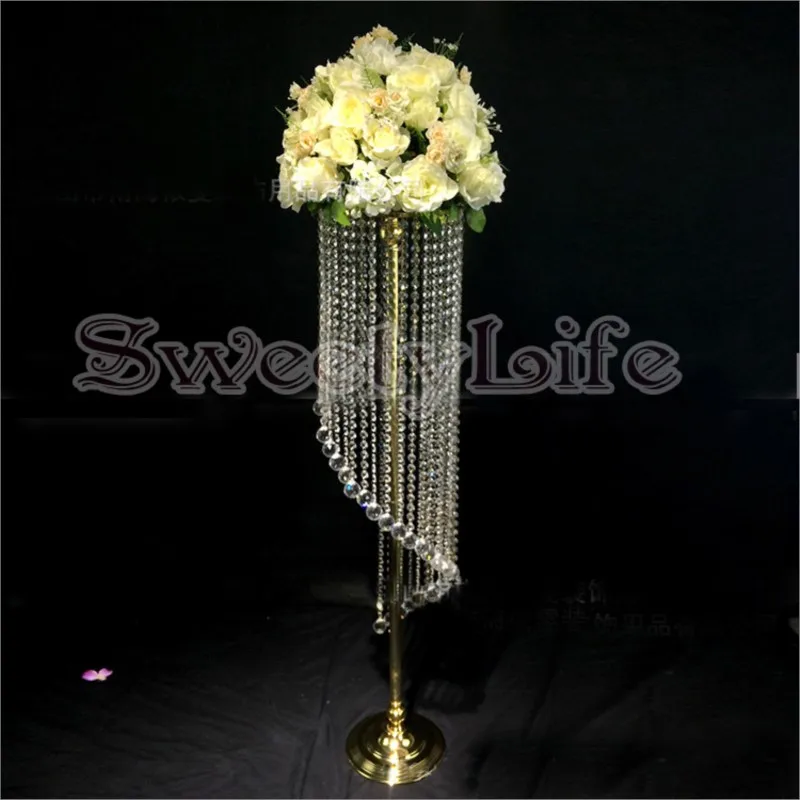 

120cm Tall Gold Wedding Crystal Pillar Flower Stand Wedding Centerpiece