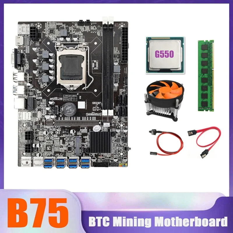 

Материнская плата B75 BTC Miner 8xusb + G550 CPU + DDR3 4G 1333 МГц ОЗУ + вентилятор охлаждения процессора + кабель переключателя + кабель SATA