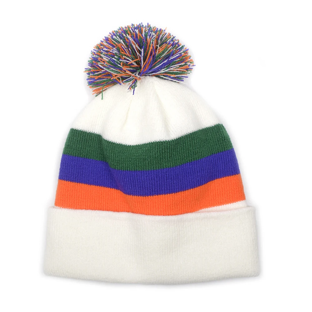 

Israeli Knitted Dome New In Hat Knitted Beanie fuzzy Cap funny Ball Striped Rainbow Winter Knit Cap Fur Ball Warm essentials Hat