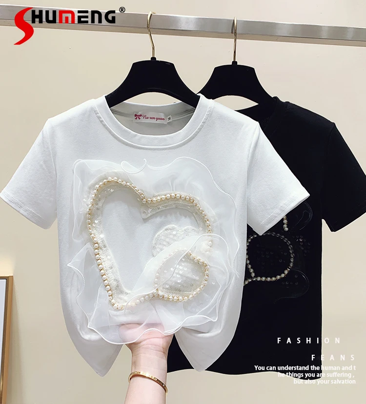 

Женская футболка с коротким рукавом и вышивкой бисером, Модная уникальная яркая шелковая футболка с блестками, футболка с графическим прин...