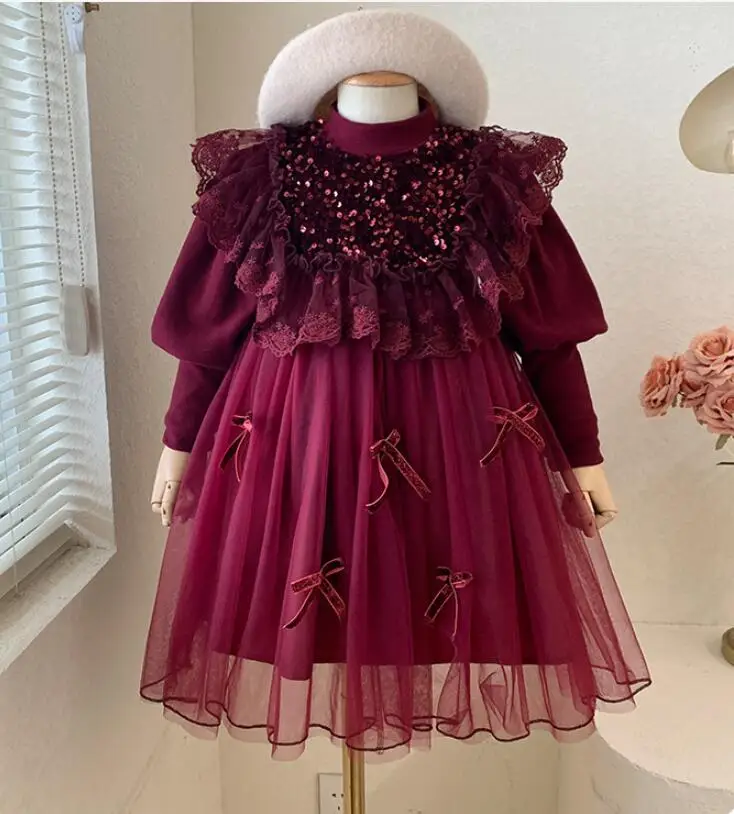 

Retail 2022 Baby Girls Fall Fairy Wine Red Sequined Cake Dress , Princess Kids Cute Party Dress 2-7T