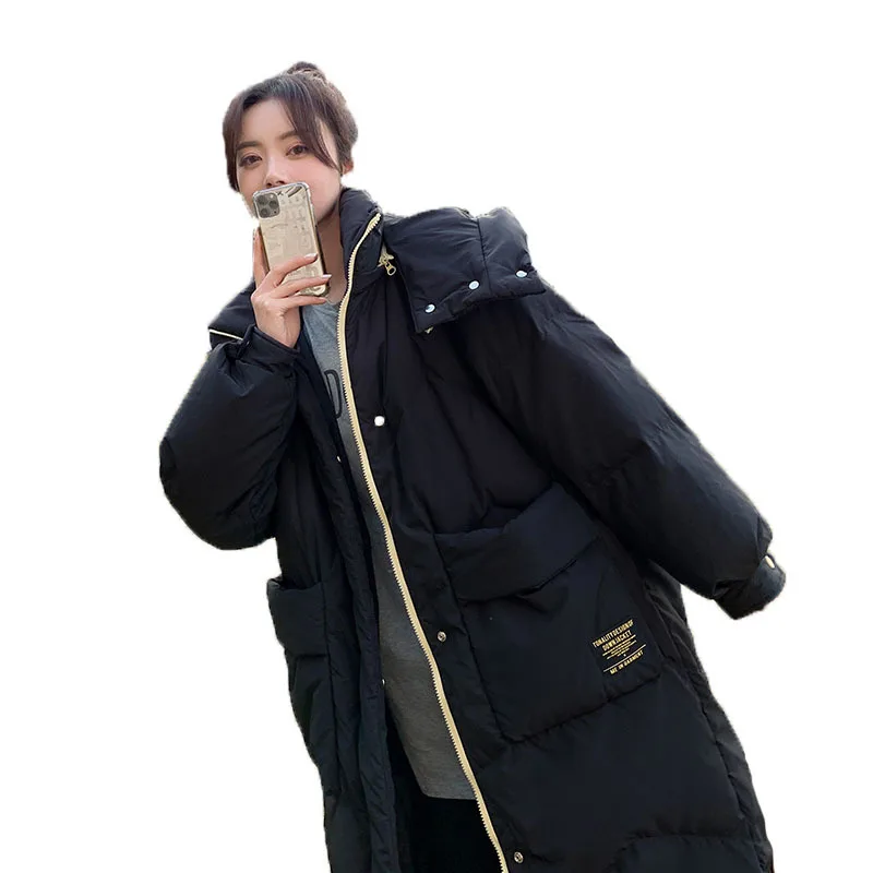 Down Jacket Women Winter Knee-length Loose White Duck Down Cotton Jacket Solid Colour Large Pockets Hooded Thickened Jacket