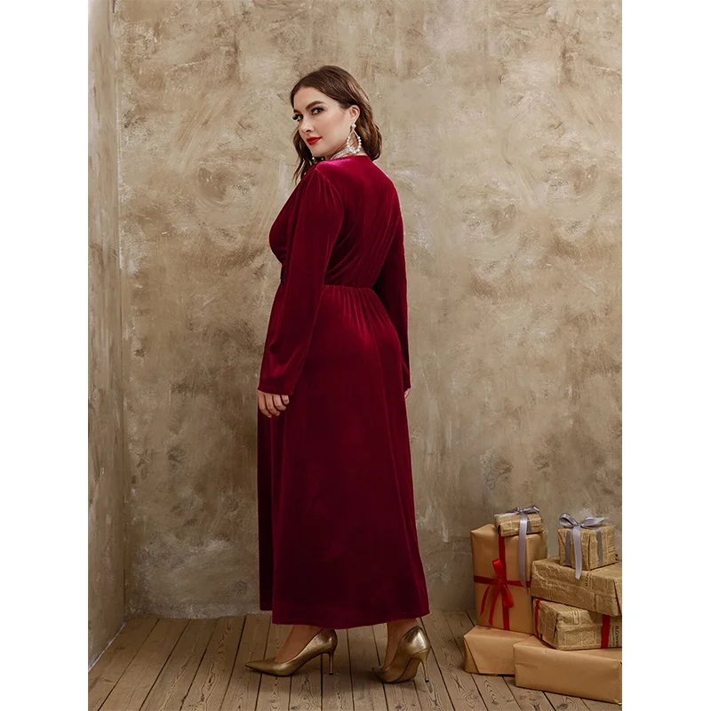 Plus Size Rose Red Fashion Velvet Elegant Dress 4XL5XLV Collar Lace Loose Long Sleeves Maxi Rose Red Plus Size Dresses