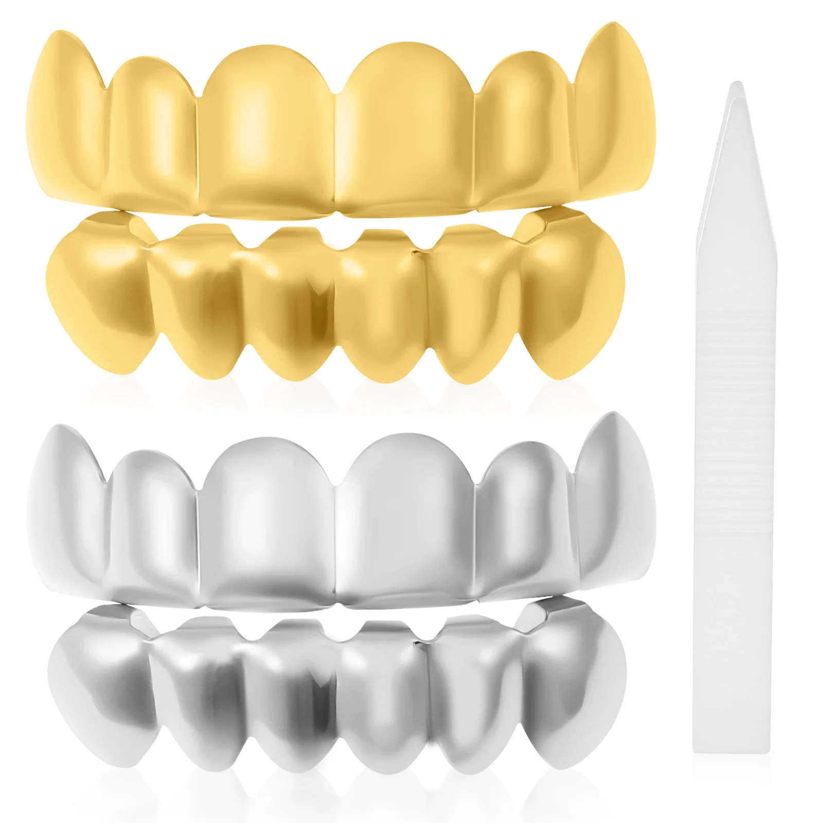 

2 Sets Metal Teeth Grills Mouth Teeth Top Grill Caps Party Accessories Rappers Teeth Grills for Hip Hop Party