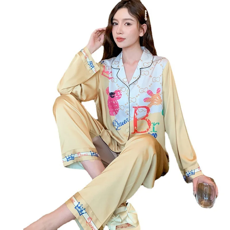 Ice silk pajamas women's autumn long-sleeved trousers thin two-piece suit  bộ đồ ngủ mùa hè nữ  pajamas for women