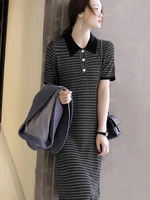 stripe loose sweater dresses women 2021 summer female elegant front buttons polo neck short sleeve ladies knitted midi dress