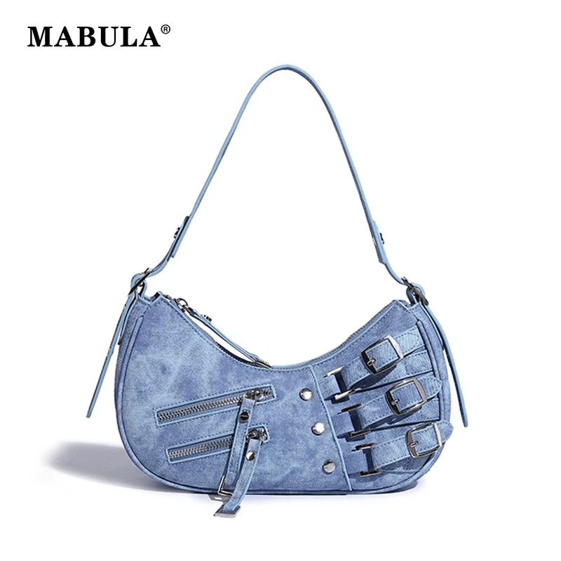 

Роскошные дизайнерские женские сумки на плечо MABULA, повседневный джинсовый кошелек для телефона, дамские сумочки с полумесяцем для девочек, маленькая сумка-тоут из искусственной кожи с заклепками