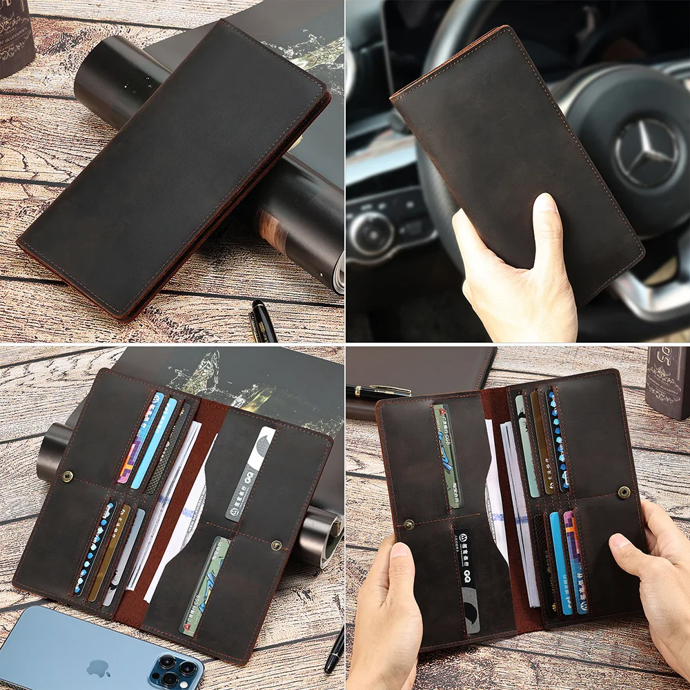 Retro Genuine Leather Men's Wallets Crazy Horse Leather Long Wallet Fashion Simple Ultra-thin Purse Men Card Holder Clutch Bag