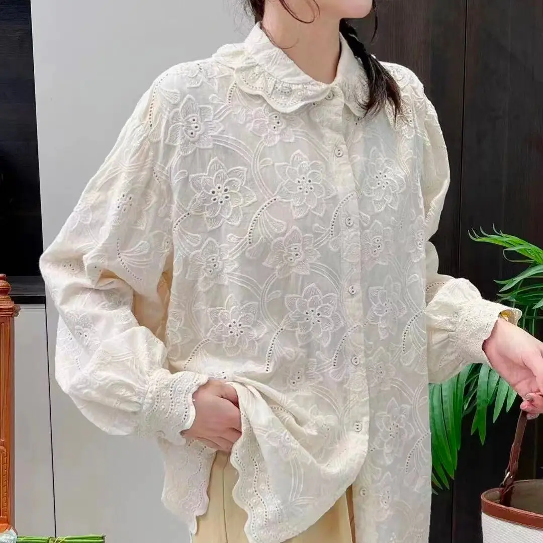 

Women beige lace blouse mori girl Japan style sweet long sleeve embroidery hollow blouse lace tops sweet lolita clothing