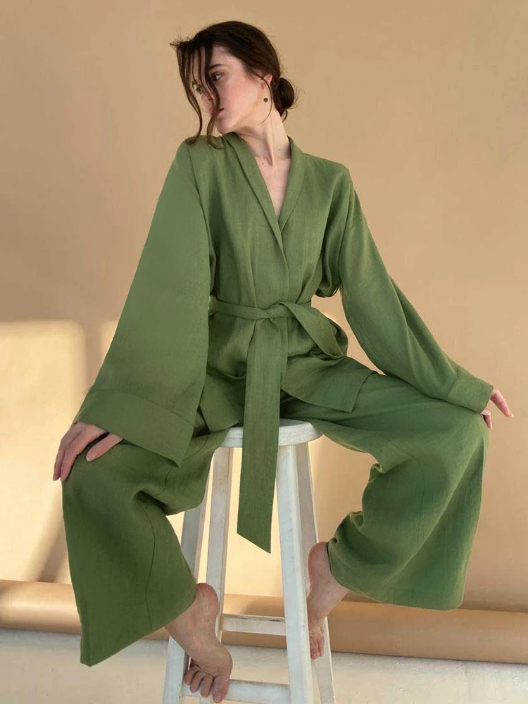 

Linad Loose Women's Nightwear 2 Piece Sets Green Long Sleeve Pajamas Female Casual Trouser Suits 2023 Spring Sleepwear Sashes