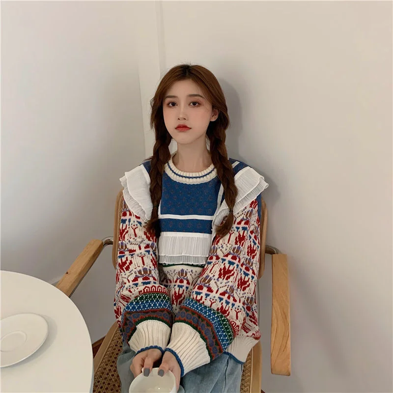 

Hot sale Sweater Women's New Autumn and Winter Stitching Loose and Lazy Wind Outer Wear Korean Style Round Neck Pullover Sweater