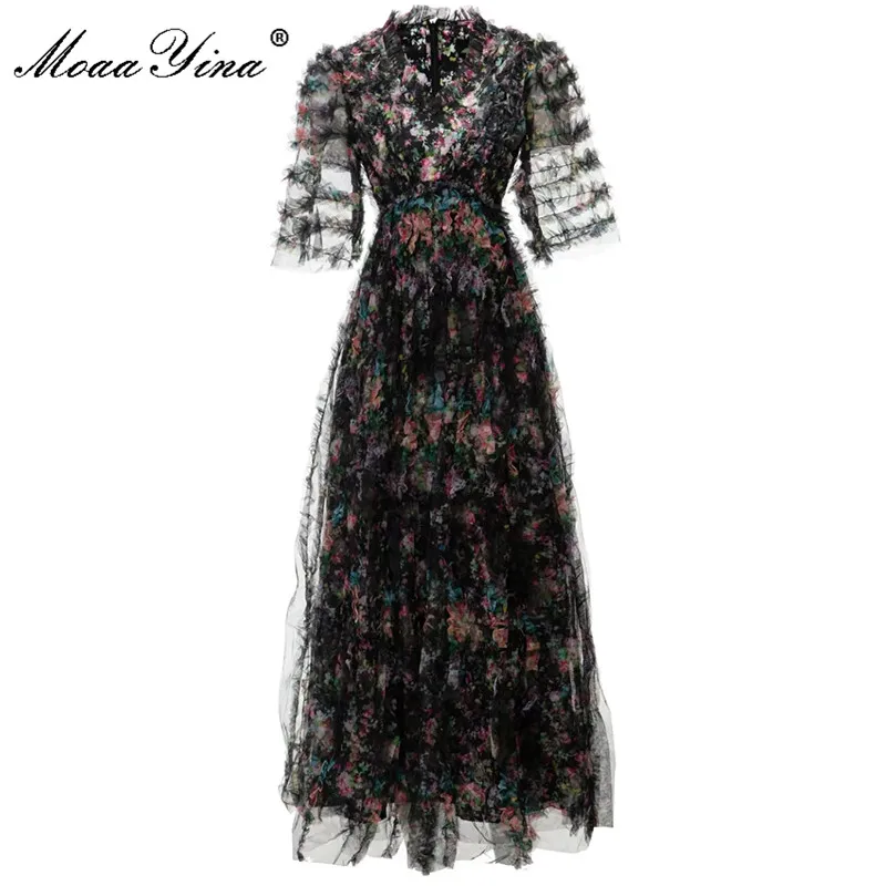 MoaaYina Fashion Designer dress Summer Women's Dress V-Neck Short Sleeve Flower Printing Cascading Flounces Dresses