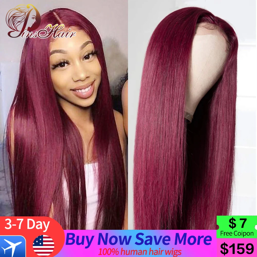 Burgundy 99J Straight Lace Front Human Hair Wigs Cherry Red Color Pre Pluck Remy Human Hair Transparent Lace Front Wig For Women