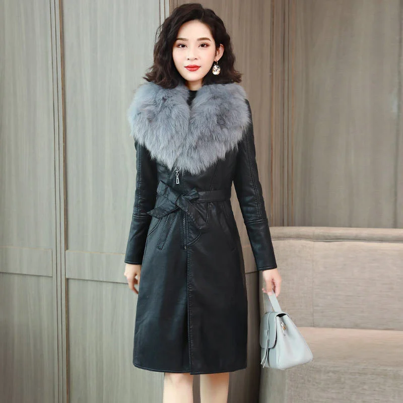 Wool Fur Collar Autumn  Winter PU Leather Women Add Velvet Thickening  Long Leather Coat Koreanof 2022 Fur Pu Leather Long Coats