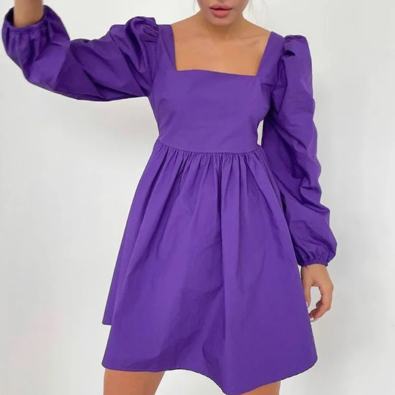 

2023 New Women's Pure Casual Lantern Sleeve Square Neck Open Back Tie Bow Dress