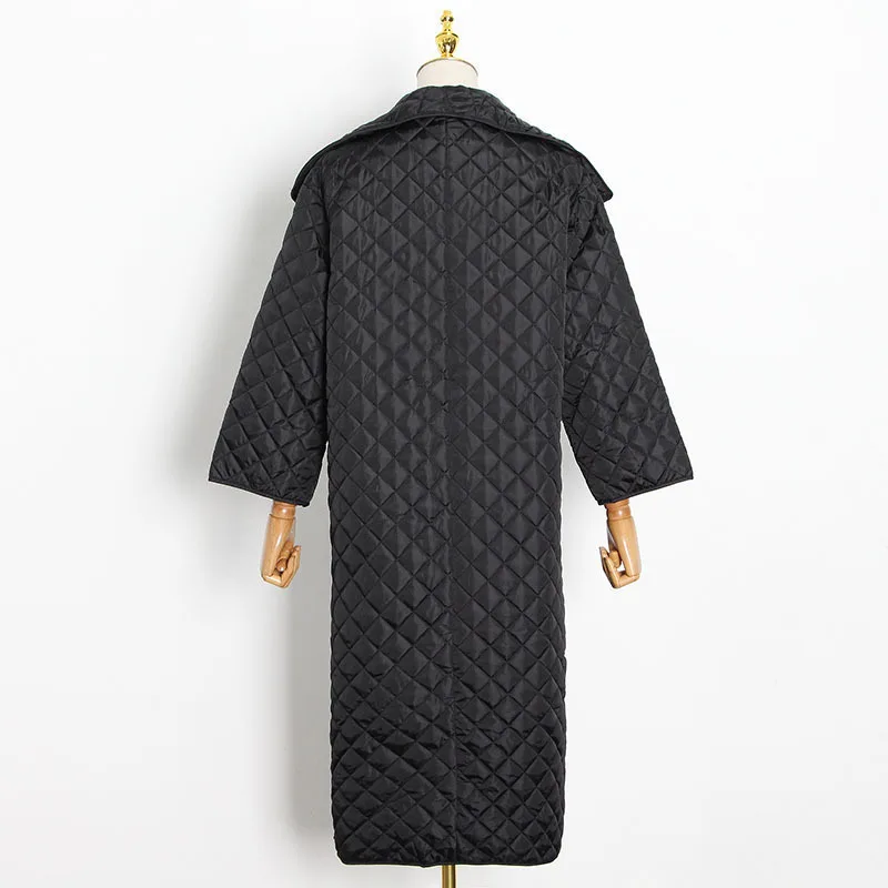 Black Patchwork Argyle Parkas for Women Lapel Long Sleeve Side Split Casual Loose Cotton Coat Female Fashion Winter