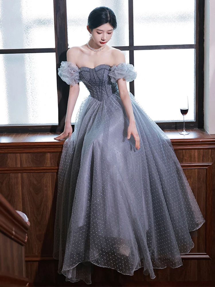 

Luxury Grey Evening Dresses French Style A-Line Detachable Sleeve Princess Party Dresses Women Elegant Formal Prom Gowns