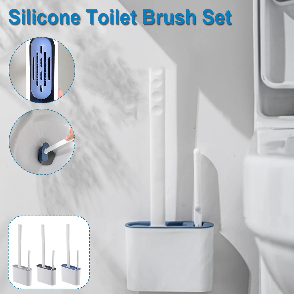 

Silicone Toilet Brush & Holder Set Wall-Mounted Toilet Bowl Brush with Soft Bristles Anti-Skid Handle Bathroom Cleaning Tools
