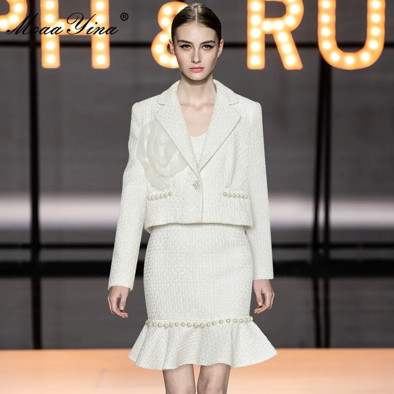 

2023 Elegant High Quality Luxury Spring Skirts Suit Women Long sleeve Floral Applique Short Tweed Coat+Mermaid 2 Pieces Set