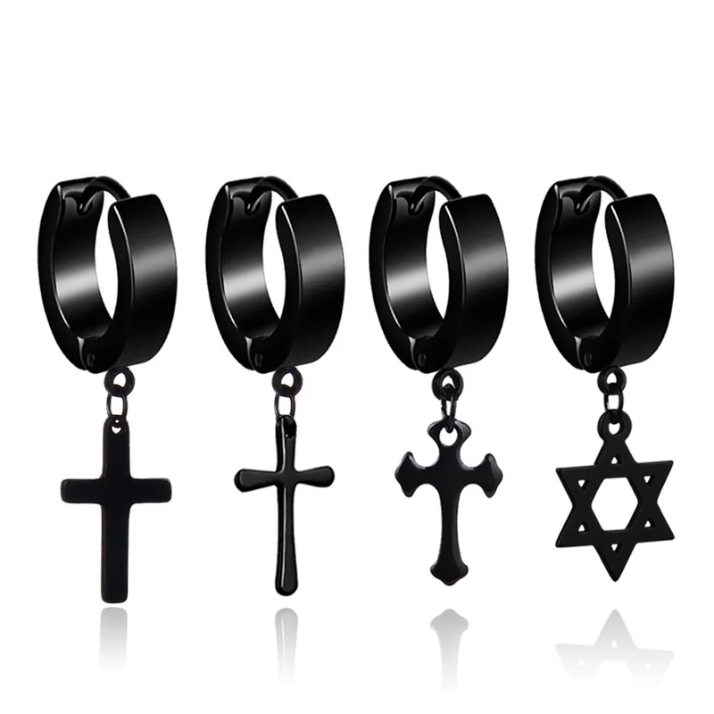 

4 Pcs Stainless Steel Ear Studs Earrings Ear Ring Jewelry Decoration 2021 Winter Black Tassels Cross Unisex for Women and Men