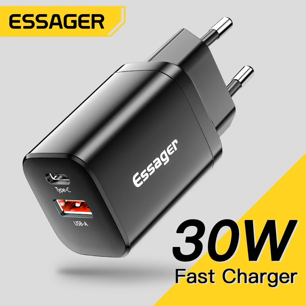 

Essager USB Type C Fast Charger 30W QC PD 3.0 Dual Port Mini Portable Adapter For IPhone 14 13 12 IPad Xiaomi Fast Wall Chargers