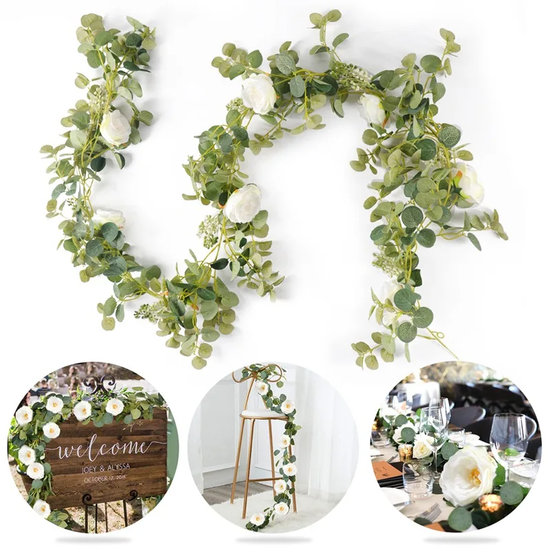 

2M Elegant Artificial Silk Tea Rose Flower Vine Decor Fake Ivy Rattan Hanging Floral Garland Wedding Home Party Wall Decoration