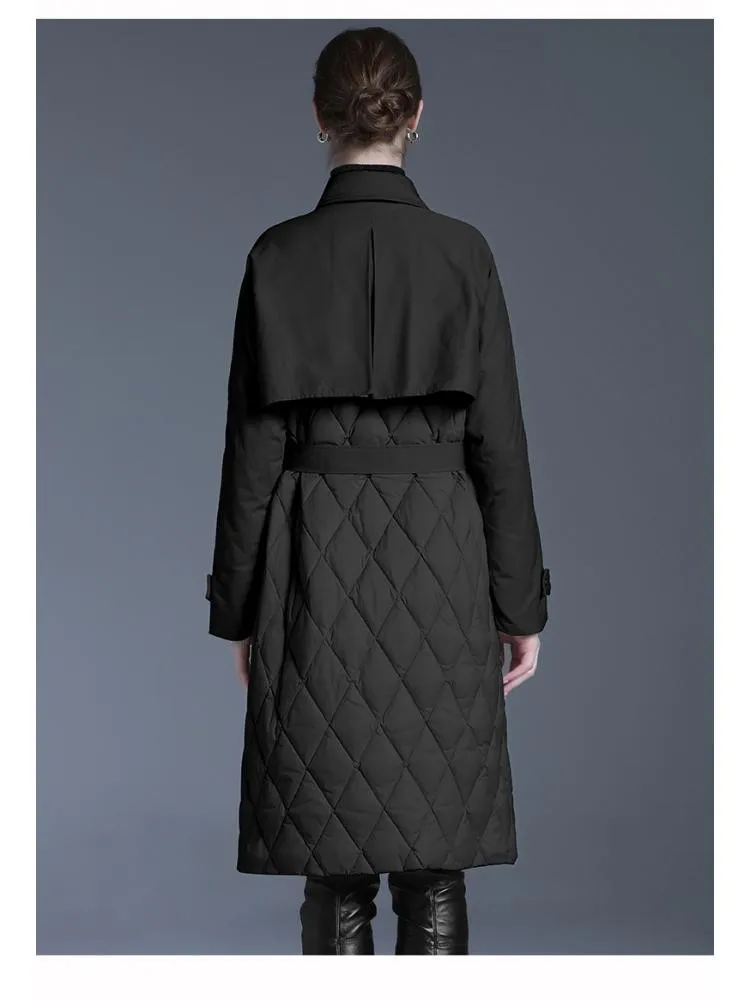 Europe 2022 Winter Fashion Long Lace Up Plaid Lattice Thin 90 White Duck Down Coats Women Black Single Breasted Warm Jackets