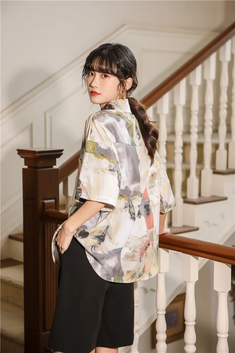 

Женская блузка с принтом, винтажная рубашка, летние элегантные топы с коротким рукавом, женская модная уличная свободная одежда