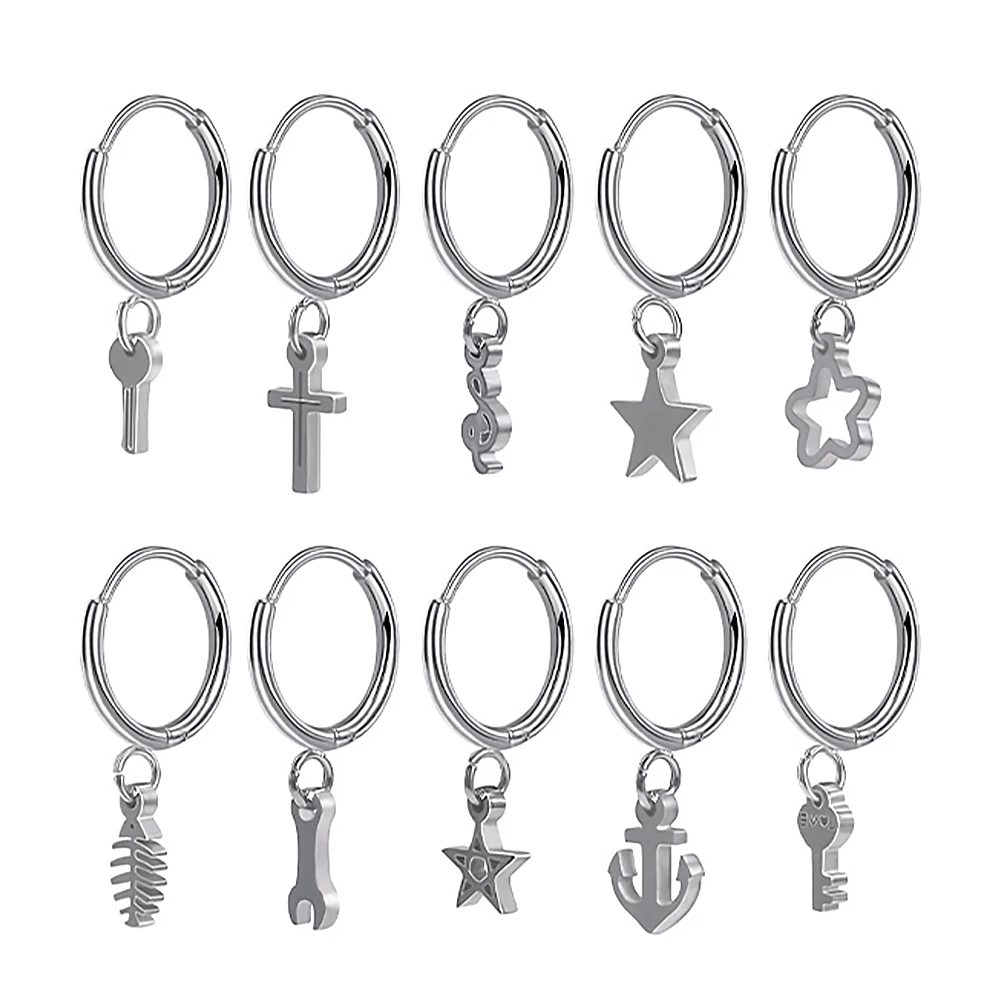 

Stainless Steel Round Personalized Hoop Earrings Sliver Color Fishbone Anchor Cross Drop Geometric Earrings 10 Styles For Men