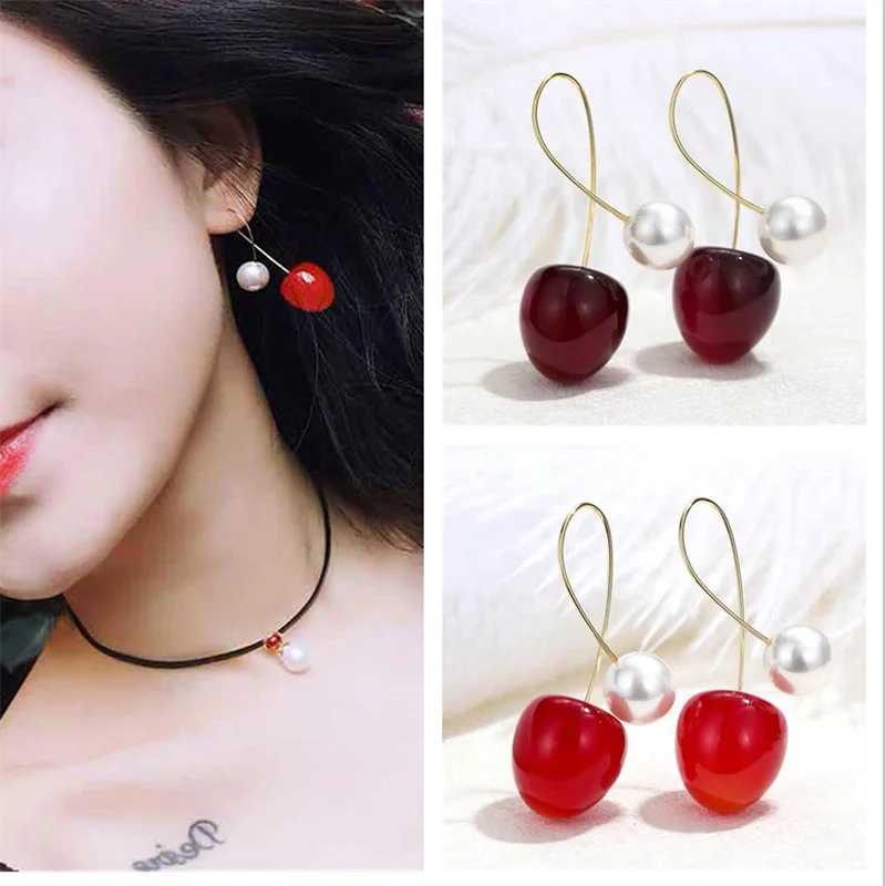 

Cute Red Cherry Earrings for Women Fashion Fruit Dangle Earrings Bohemian Pearl Earrings for Women Drops Earrings Christmas Gift