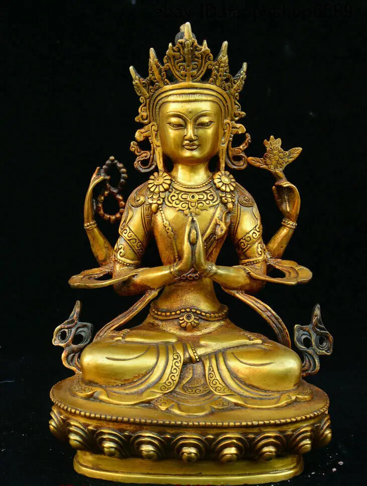 

Old Tibet Buddhism Temple Bronze 4 Arms Chenrezig Goddess Buddhas Goddess Statue