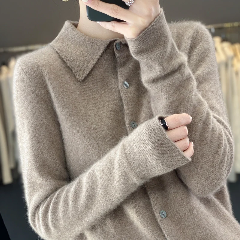 Женский шерстяной вязаный кардиган свободный свитер-поло с воротником