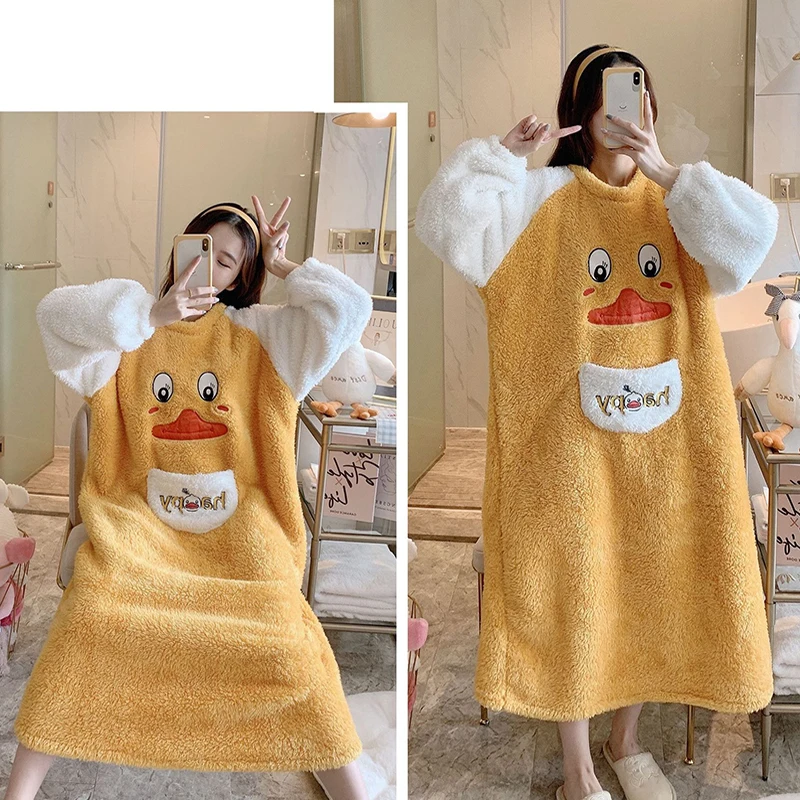 Women Winter Warm Fleece Nightgown Sleepwear Cute Kawaii Cartoon Pajama Homewear Nightdress Sweet Loose Flannel Girls Nightdress