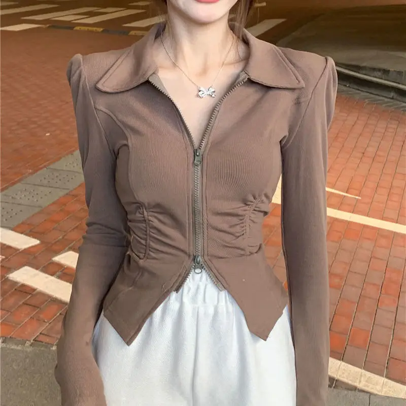 

Early Autumn Top Women's 2022 New Korean Version of The Chic V-neck Pleated Slim Fit and Thin Long-sleeved Coat Cardigan