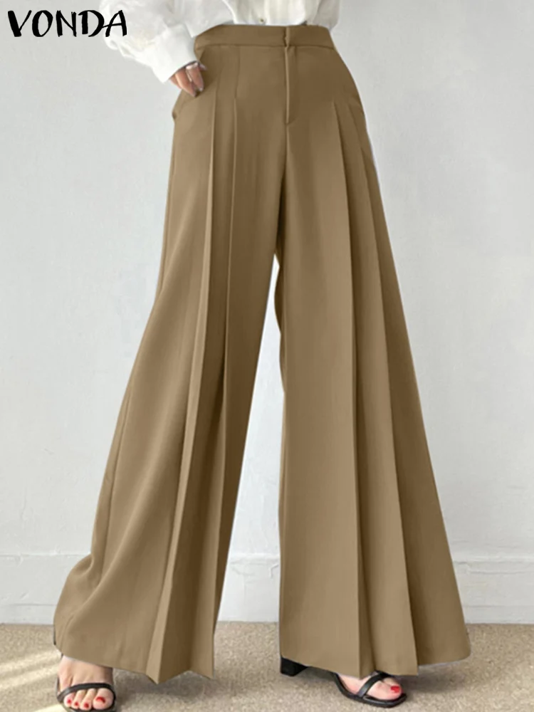 

2023 Fashion Elegant Solid Color Wide Leg Pants Women Office Suit Pants VONDA High Waist Pockets Casual Pleated Long Trousers