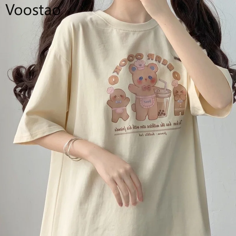 

Летние японские милые футболки JK, женские кавайные Мультяшные Топы с коротким рукавом и принтом молочного чая и медведя, повседневные милые...