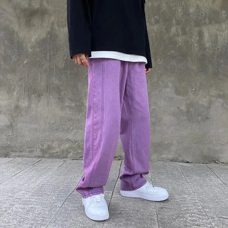 New Japanese Men Jeans Fashion Purple Green Loose Straight Vintage Casual Streetwear Skateboard Dance Denim Cargo Baggy Pants
