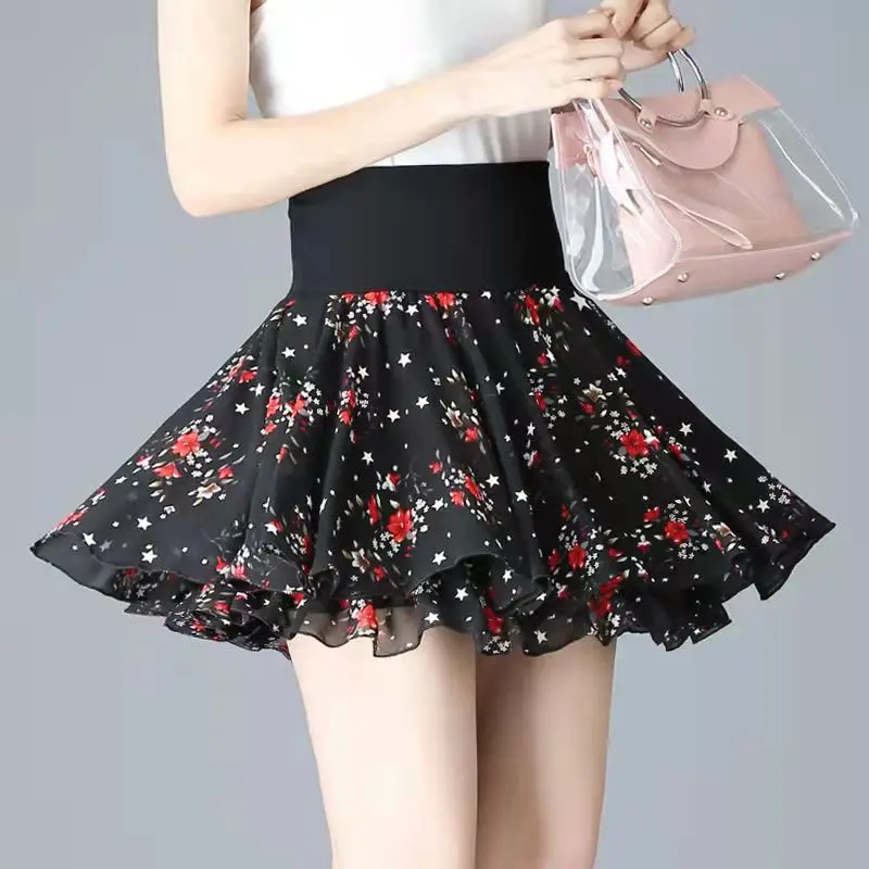 Summer Women Skirts Shorts High Waist Skirts A-line Floral Printed Cute Sweet Girls Dance Mini Skirts Kawaii Light Short Skirts