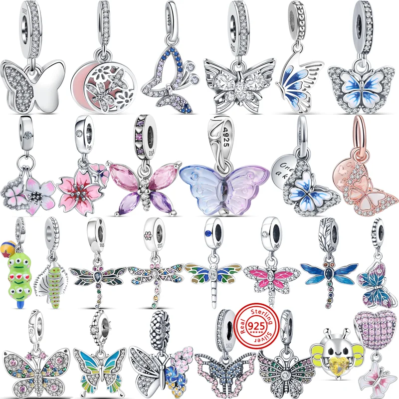 

Charms Fit Pandora Original Bracelet 925 Silver Colorful Zircon Butterfly Dragonfly Bee Caterpillar Shiny Fine Beads DIY Jewelry