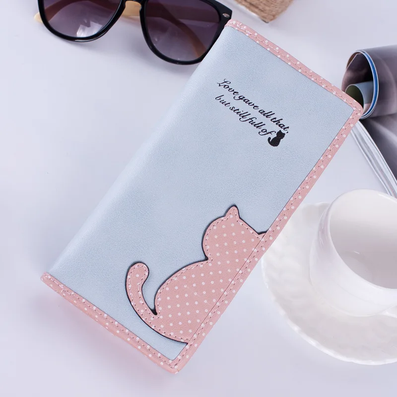 Long Women's Purse Cute Cat Pendant Student Zipper Money Clip Multi-card Slot ID Handheld Bag Girls' Wallet