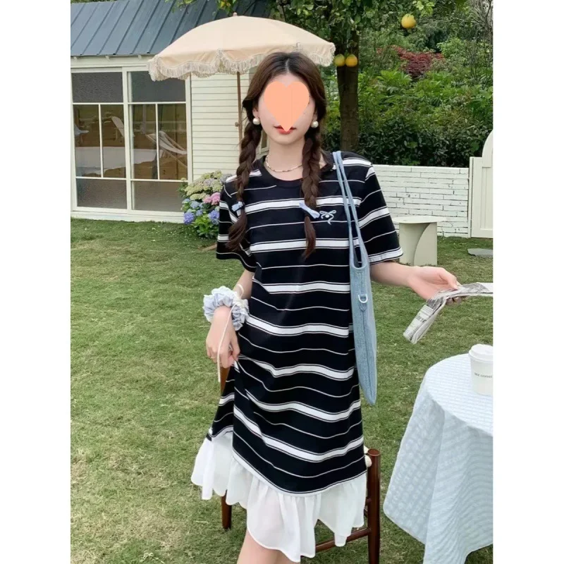 Корейское полосатое платье 2024 новое женское свободное повседневная тонкая