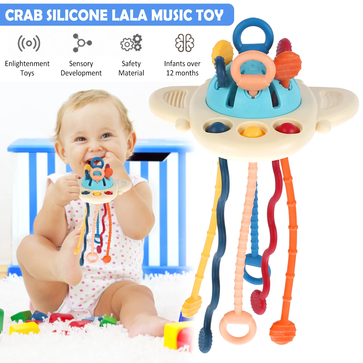 

Baby Sensory Toys Reusable Food Grade Silicone Pull String Toy Colorful Crab Shape Montessori Pull Toy Early Learning Sensory